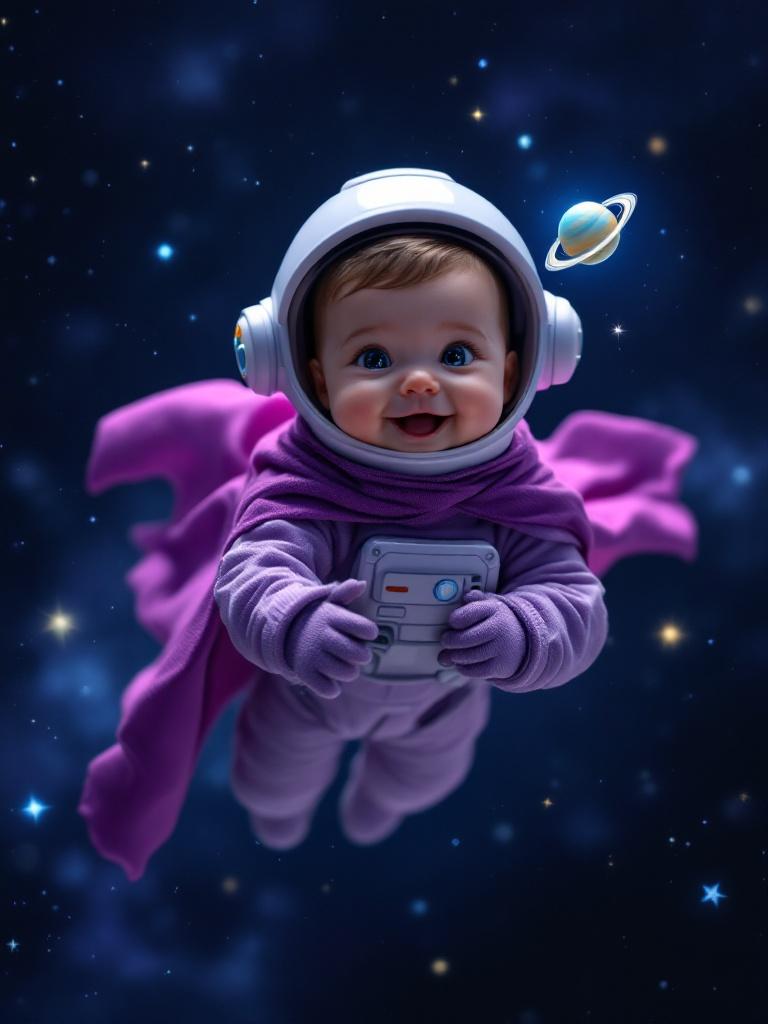 Baby astronaut in a purple cape floats in space. Tiny hands reach for a toy planet Saturn. Surrounded by stars and cosmic beauty. A scene full of joy, wonder, and adventure.