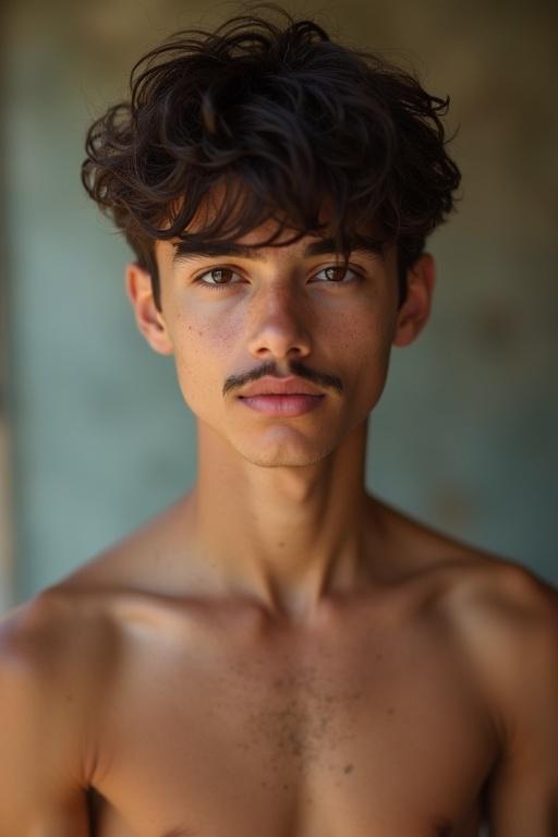Young man with short messy hair poses for a close-up portrait. Dark brown eyes and slight mustache. Defined facial features and muscular build are visible. Natural lighting enhances his skin tone.