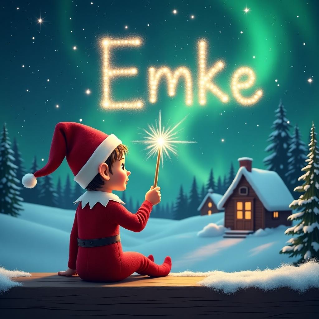 An elf sits on a ledge overlooking a snowy landscape. The elf wears a red outfit and a pointed hat. The elf holds a wand that sparkles. The elf writes 'Emke' in the sky. The background shows a cozy cabin and evergreen trees. Magical lights fill the sky. Christmas theme evokes joy.