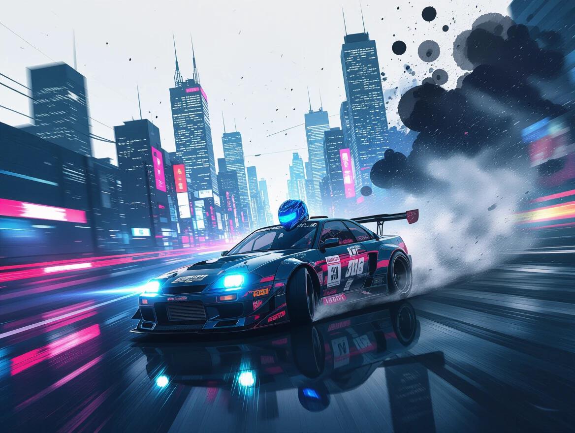 Wide landscape shot of a cyberpunk street racer drifting across the lower third of the frame. The car features a glowing blue helmet and trailing motion blur blending into expressive black ink splashes. A neon-lit skyline fades into the distance, surrounded by sumi-e brush textures and chaotic energy. The composition follows a cinematic approach using the rule of thirds.