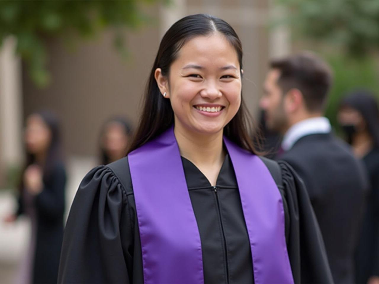 The image shows a person wearing a graduation outfit. They are adorned with a purple sash around their neck, indicating a formal occasion. The outfit includes a black gown, typical for graduation ceremonies. The background appears to show an outdoor setting, possibly a campus or formal venue. There are a few blurred figures in the background, suggesting that the event has attendees. The person looks proud and is likely celebrating a significant achievement.