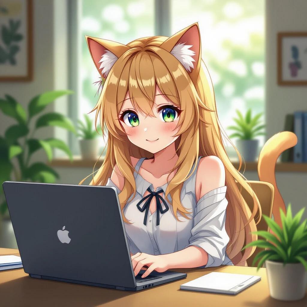 Anime-inspired cat-girl character with long blond hair. Character wears casual clothing and sits at a desk with a laptop. Background features indoor plants and a bright window. Playful expression on the character's face.