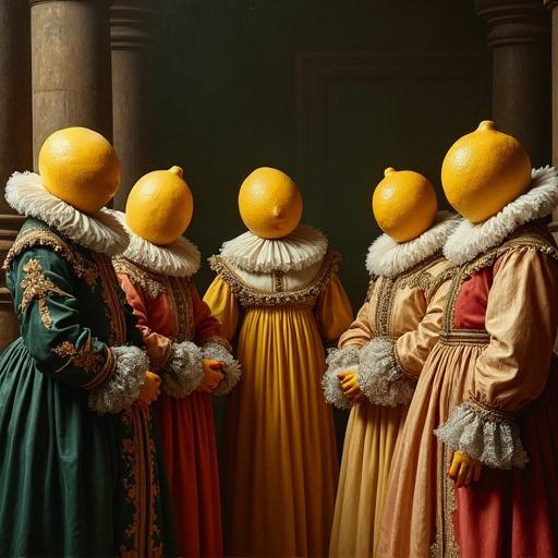 An elegant painting depicting a royal court. Each figure has a lemon for a head. They wear luxurious 16th-century clothing. The texture resembles oil painting with rich, warm tones. Lighting is baroque-inspired with high detail and masterful brushwork.