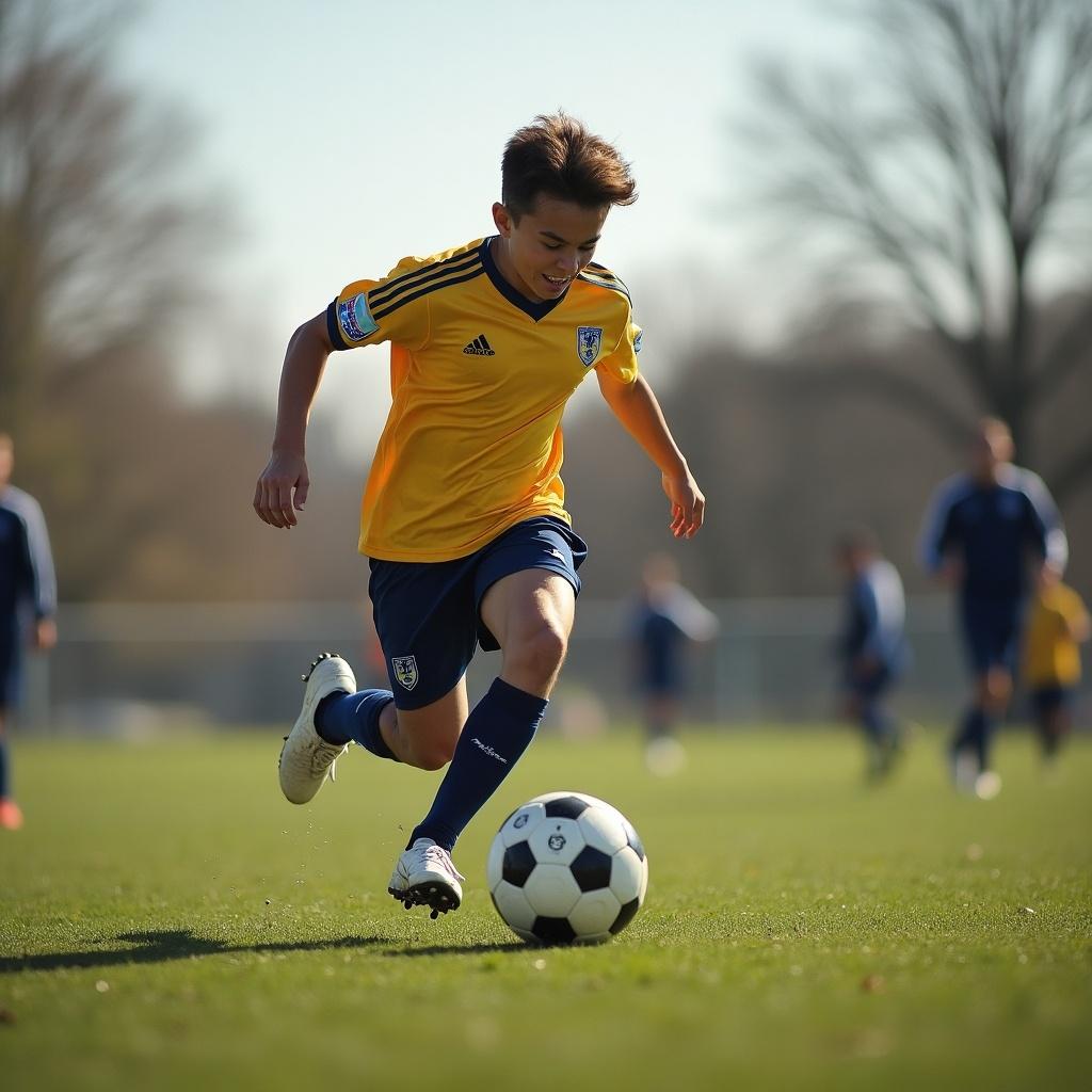 A young player wearing a yellow jersey actively plays soccer. The player is dribbling a ball on a green field. The focus is on the action and athleticism of youth soccer practice.