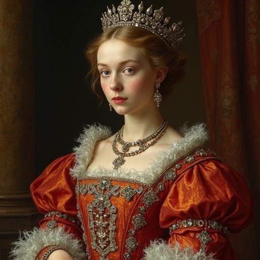 Renaissance painting of a queen adorned in an ornate diamond-encrusted dress. The queen wears a magnificent crown and detailed jewelry. The background enhances the regal theme of the portrait.
