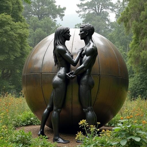 Spherical humans depicted as a metal sculpture in a garden. A man and woman stand back to back within a sphere. They are touching each other with their arms and legs.