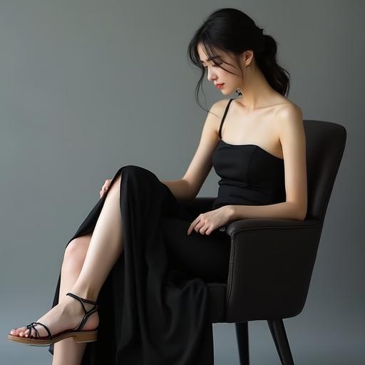 A slender young woman in a strapless black gown sits in a modern chair. Her raven hair contrasts with the grey background. She displays quiet confidence. Strappy sandals accentuate her long legs. The scene captures elegance and poise.