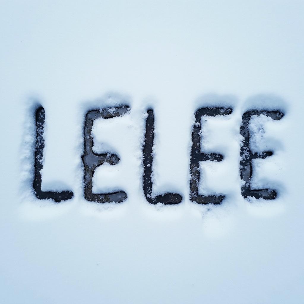 Name LELEE written in snow. Letters formed by disturb of a white surface. Lightly dusted with snow particles. Focus is on letters. Top-down perspective capturing original style.