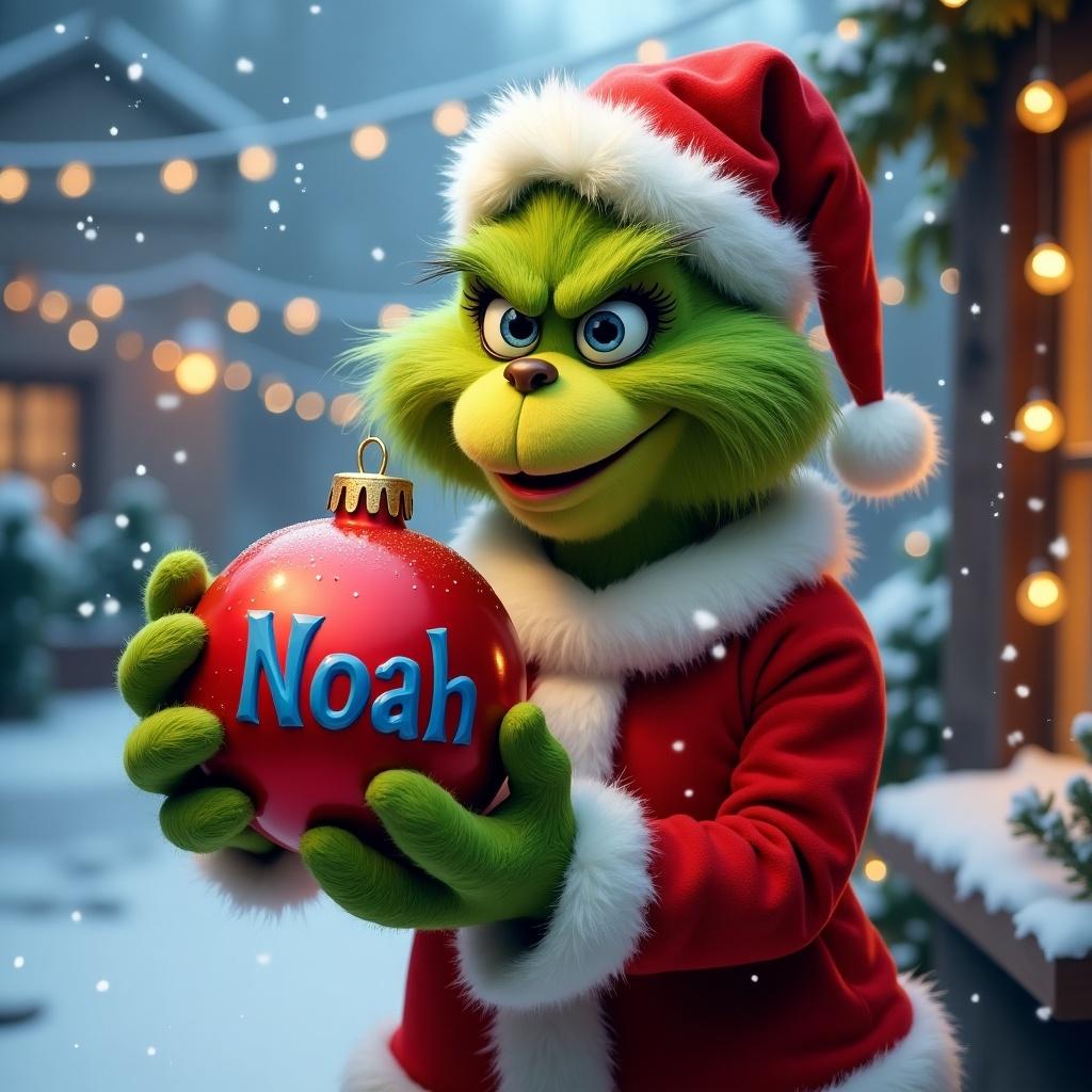 A Grinch character dressed in a Santa suit holds a red Christmas ornament with the name Noah in blue. The background is snowy with Christmas lights and snow-covered trees.