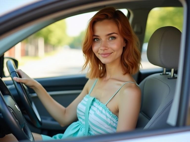 A young woman with shoulder-length reddish-brown hair driving a car. She is centered in the image and looking at the viewer. She has a neutral and pleasant expression. She wears a light-blue strapless top with white stripes and a matching dress. She carries a light-teal shoulder bag. The car is a silver sedan. The background is a blurred city street on a sunny day. The lighting is bright and sunny with soft shadows. The style is casual and summery. Colors are vibrant and cheerful. The woman looks confident and relaxed.