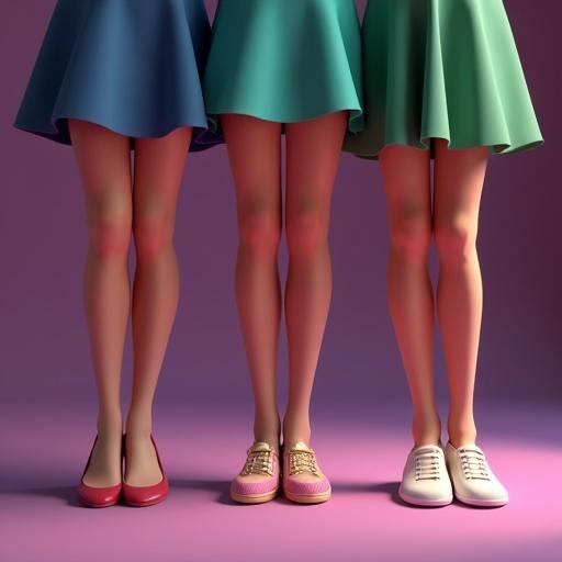 Una imagen animada en 3D muestra las piernas de tres mujeres con vestidos coloridos sobre un suelo de baldosas. Fondo morado degradado. Mujeres con diferentes calcetines y estilos de calzado. Texto grande en 3D pregunta sobre el embarazo.