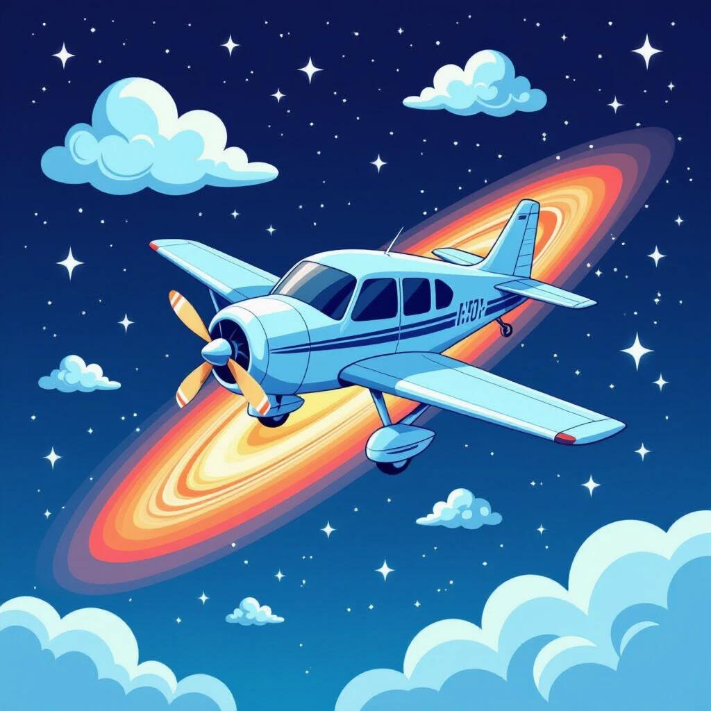 Cartoon airplane flying through space. Bright blue airplane. Vibrant galaxy in the background. Colorful clouds below. Stars scattered across the dark sky.