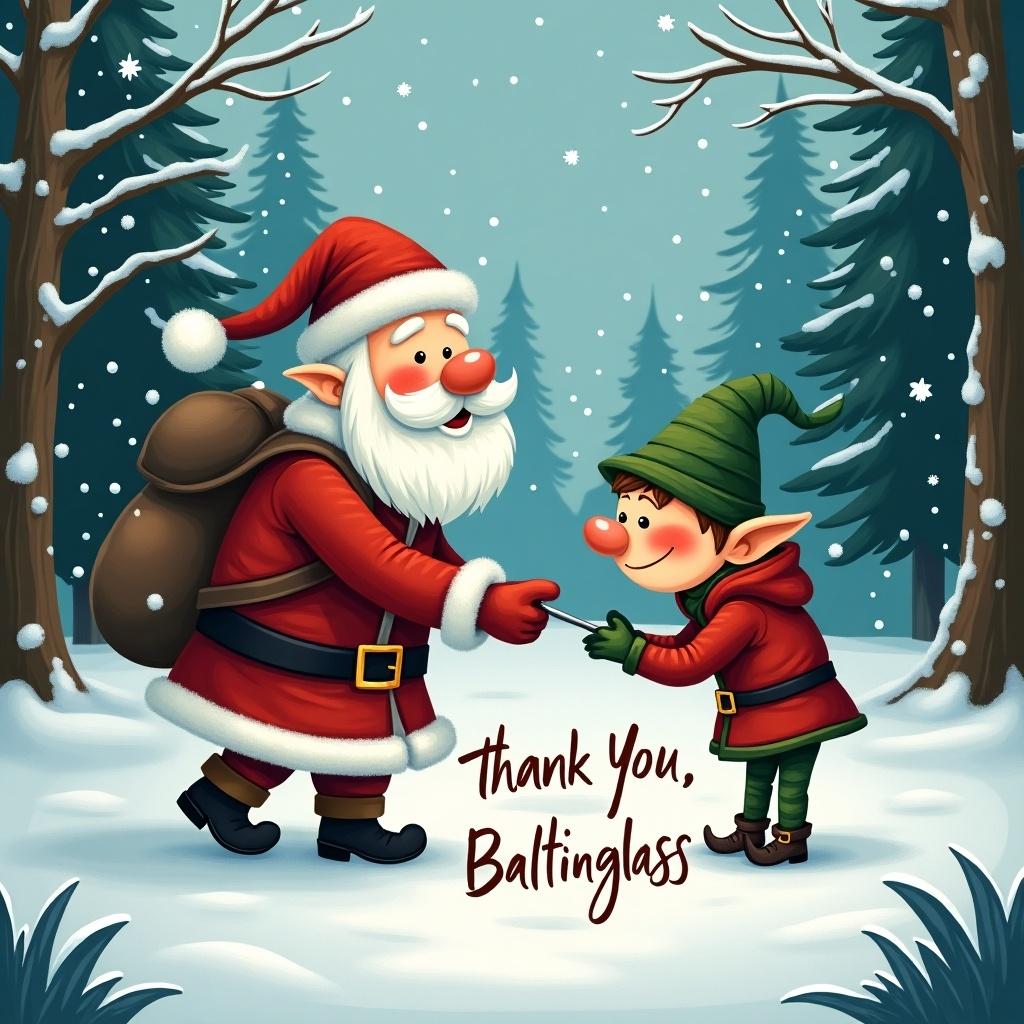 Santa with a white beard and red suit interacts with a cheerful elf in a snowy forest. The elf is wearing a green outfit and they are exchanging gifts. Text appears in the snow saying 'Thank You, Baltinglass'.