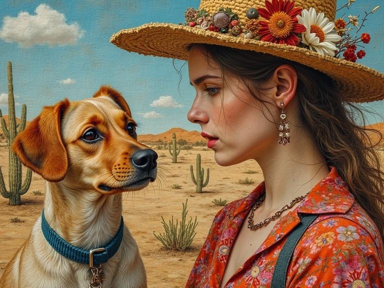Art featuring woman with dog in desert landscape. Bright colors with natural elements. Close-up textile art with earthy tones.