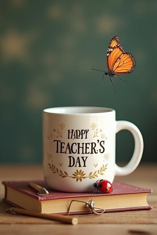 Realistic photography of a large mug that reads 'HAPPY TEACHER'S DAY' with floral designs. A butterfly is flying near the mug. A ladybug and a book are beside the mug, creating an inviting scene. Background is softly blurred with a nature theme.