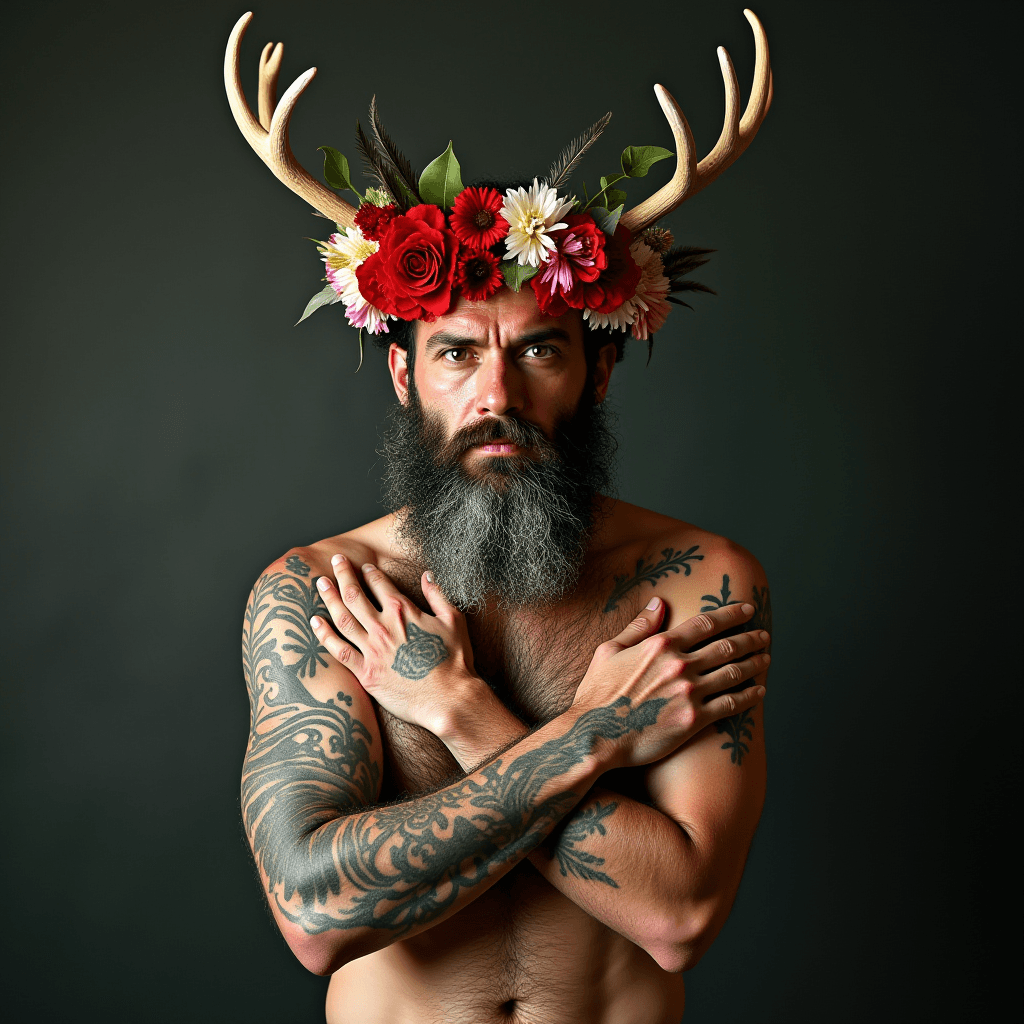 A tattooed bearded man wearing a floral and antler headdress in a contemplative pose.