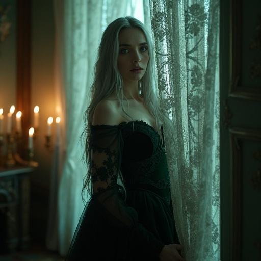 Breathtakingly beautiful woman enigmatic expression long silver hair deep emerald eyes standing behind lace curtain dimly lit Victorian room wearing elegant dark velvet gown intricate embroidery glowing skin candle-lit atmosphere mysterious aura cinematic lighting photorealistic hyper-detailed face soft shadows magical realism