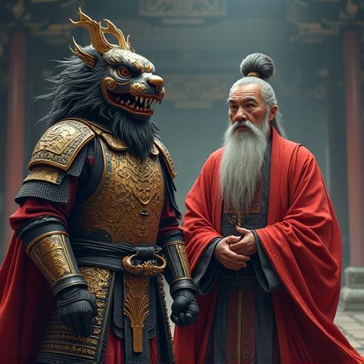 2.5D render depth with semi-realistic comic-book style. Bold outlines and detailed textures used. Toon shading complements fabric folds with flat colors. Features a Chinese warlord in ornate lion-shaped armor alongside an ancient general in chainmail and flowing sash. An old wise advisor dressed in scholar robes. Dark fantasy style with painterly texture and dramatic composition.