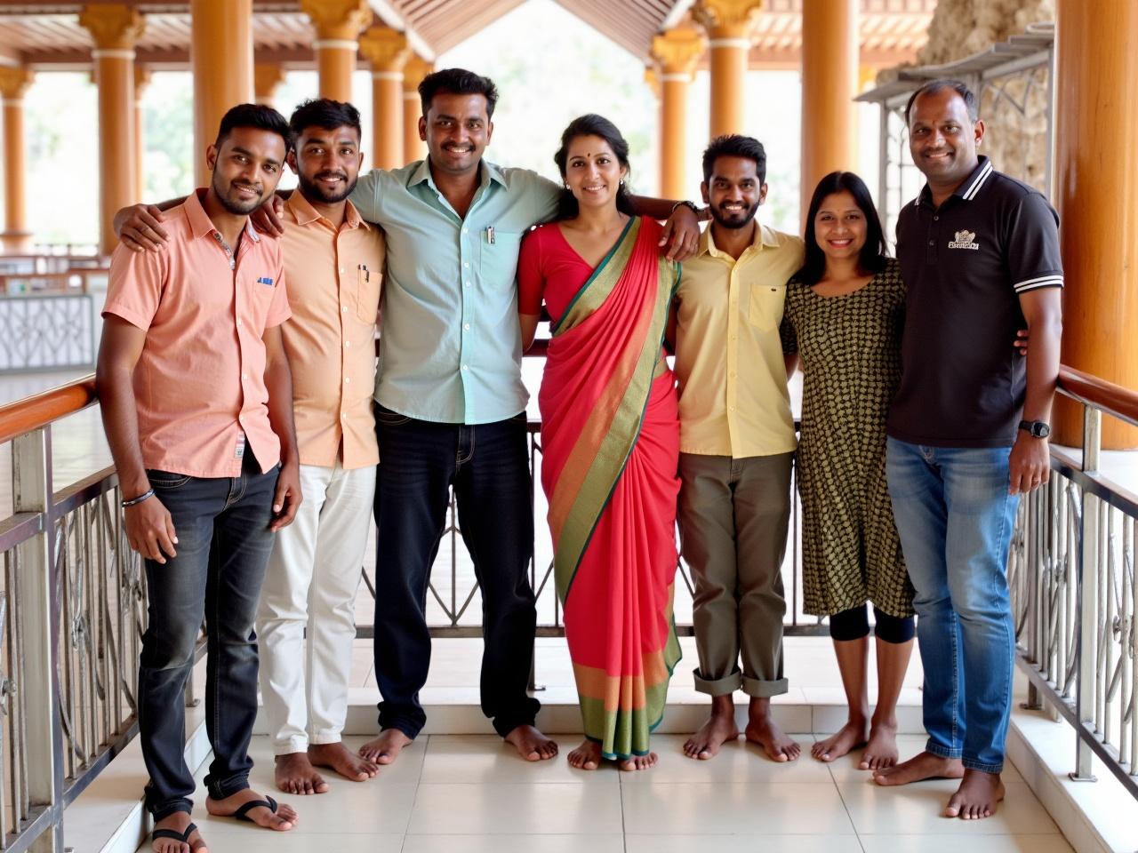 The image shows a group of six people standing together in a temple. The setting is bright and features wooden pillars and metal railings. The individuals are barefoot, which is common in many places of worship. They are dressed in a variety of outfits, including traditional Indian attire, as indicated by the colorful saree worn by one of the women. There is a sense of togetherness and celebration among the group, suggesting they may be visiting for a religious occasion. In the background, there appear to be decorative elements typical of a temple environment.