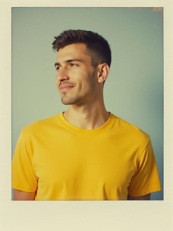 A guy wears a yellow shirt. He smiles and poses in a polaroid photo style. The background is soft.