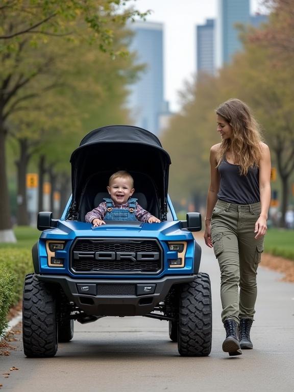 Vertical image features a baby stroller modeled after a Ford Raptor. Stroller has a matte blue paint with a bold grill and lifted suspension. Rugged safety features for babies included. A baby boy in denim overalls and flannel sits inside. A mom in cargo pants and a tank top walks beside. Scene set in a landscaped city park with trees and skyscrapers behind them. Natural light enhances outdoor realism.