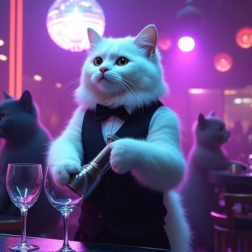 Photorealistic image of a fluffy white cat bartender in a nightclub for cats. Modern bar counter with neon lighting. Cat holds metal cocktail shaker with professional movements. Empty glasses arranged on glossy counter. Cat wears stylish black vest and bowtie. Other cat patrons visible in the background. Some dance under disco ball. Purple and blue neon lights. Soft spotlight beams. Subtle haze creates evening venue atmosphere.