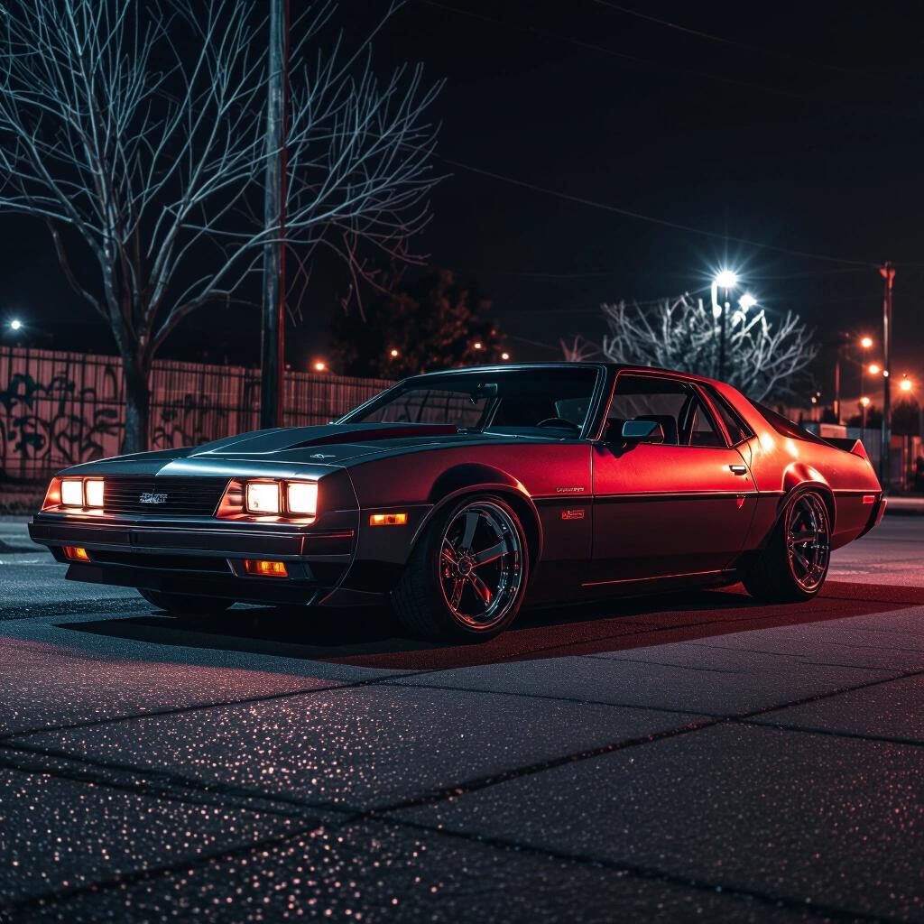 Parked car with angular design and dual tone. A futuristic low rider appears in a vivid raw photo. The scene has dark ghetto vibes with a side view at night. Car features deep grooves and engravings.