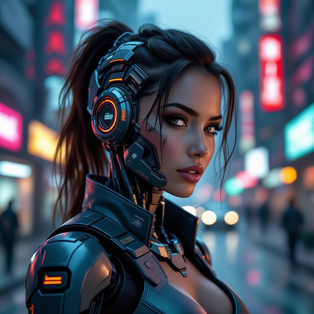 Futuristic woman with robotic parts in a cyberpunk setting. Features a blend of technology and human characteristics. City is illuminated by neon lights. Emphasis on advanced cybernetic design.
