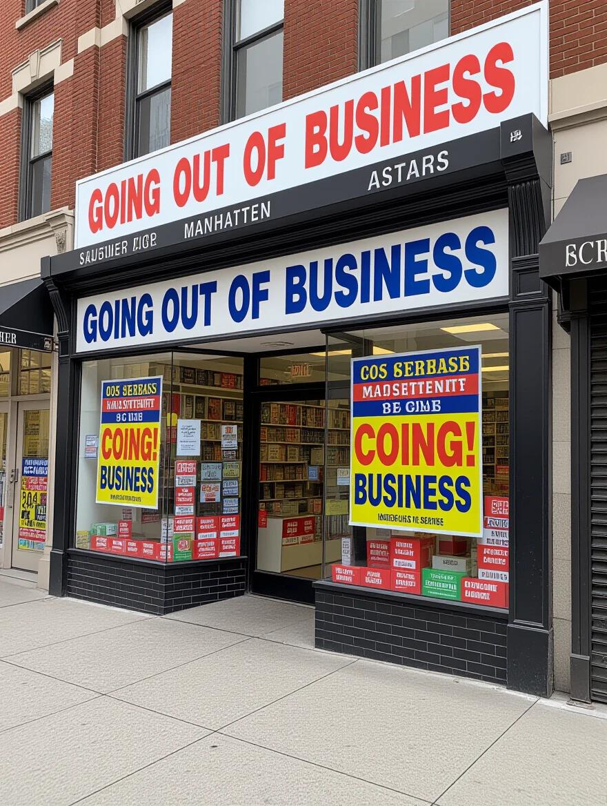 Closed souvenir shop in Manhattan. Brightly colored signs indicate going out of business. Storefront displays various items inside. Located in an urban environment.