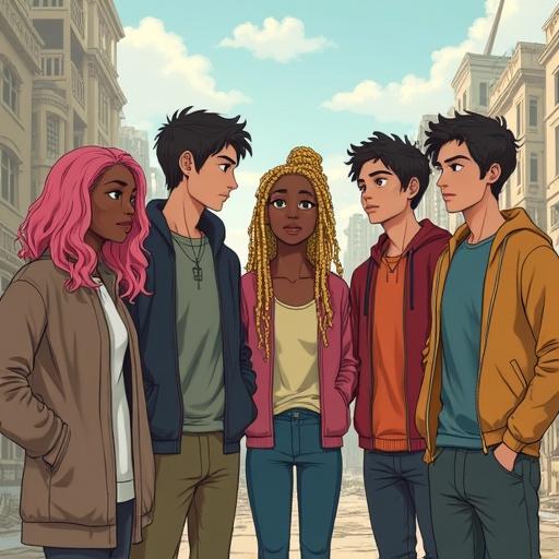 Drawing features six diverse friends in a ruined city. A black woman with pink hair stands next to a white woman with blonde dreadlocks. Two Caucasian twin brothers appear, one serious. Two younger men, one Japanese and one with them, complete the group. City backdrop is desolate and damaged.