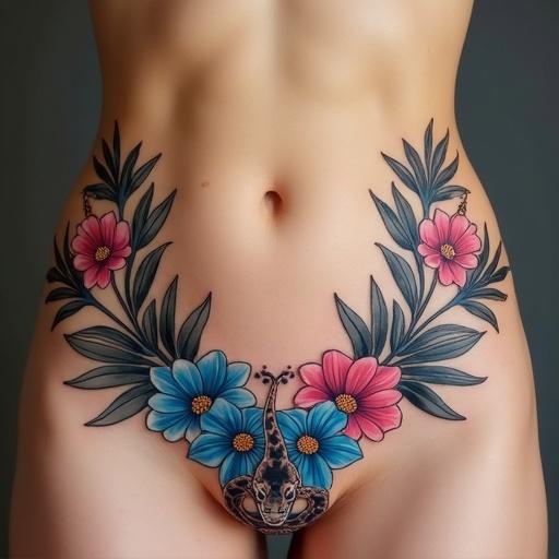 Symmetrical colored tattoo design on the abdomen with two elegant floral garlands. Tattoo extends from hips to lower abdomen. Features a Clitoria ternatea flower on one side and a stylized snake head on the other. Feminine and sensual design with rich colors and flowing lines, adapted anatomically.