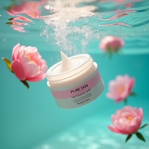 Photograph of a white cosmetic jar marked Pure Skin Sensitive Skin in turquoise water with peony blossoms. Tiny bubbles cling to jar surface. Soft rose-gold lighting enhances ethereal mood.