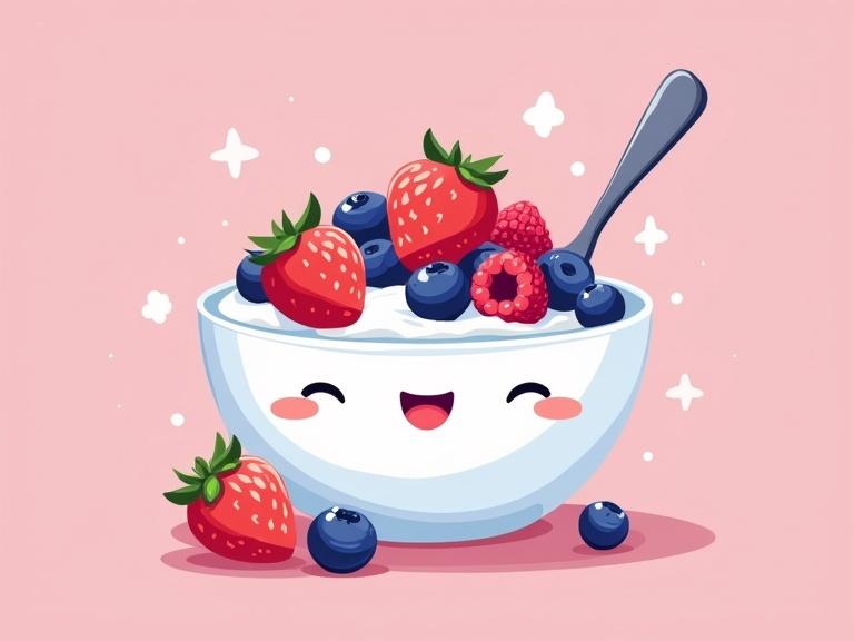 Colorful cartoon illustration of Greek yogurt topped with berries. A creamy bowl filled with strawberries blueberries raspberries. Smiling spoon and happy berry character. Solid background, clean lines and vibrant colors.