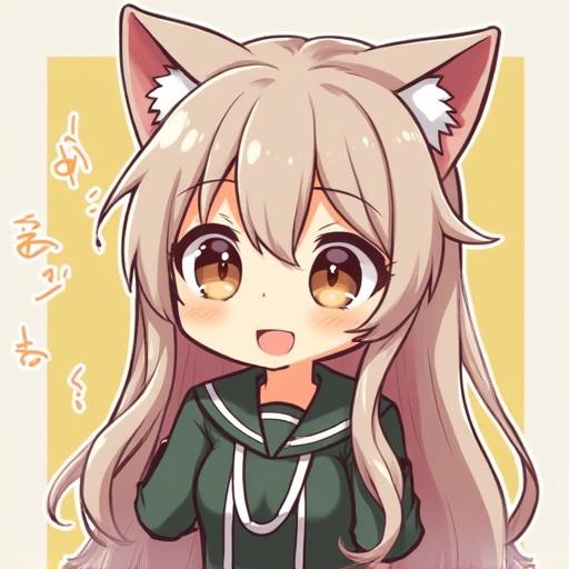 Kawaii character with cat ears and long hair. Character wears a green outfit. Cheerful expression with bright colors. Background is soft and light.