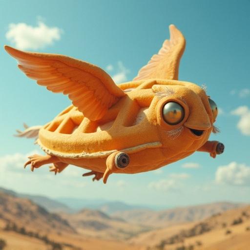A whimsical creature with wings that resembles a waffle. The creature flies against a blue sky with clouds. It has big eyes and a friendly expression. The landscape is mountainous and dry beneath it.