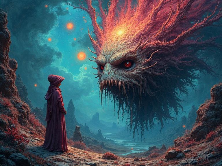 Hyperdetailed fantasycore dreamscape with cosmic elements and surreal landscapes. Features a twisted reality, with a character facing a giant monster's face amidst a vibrant, polychromatic background.