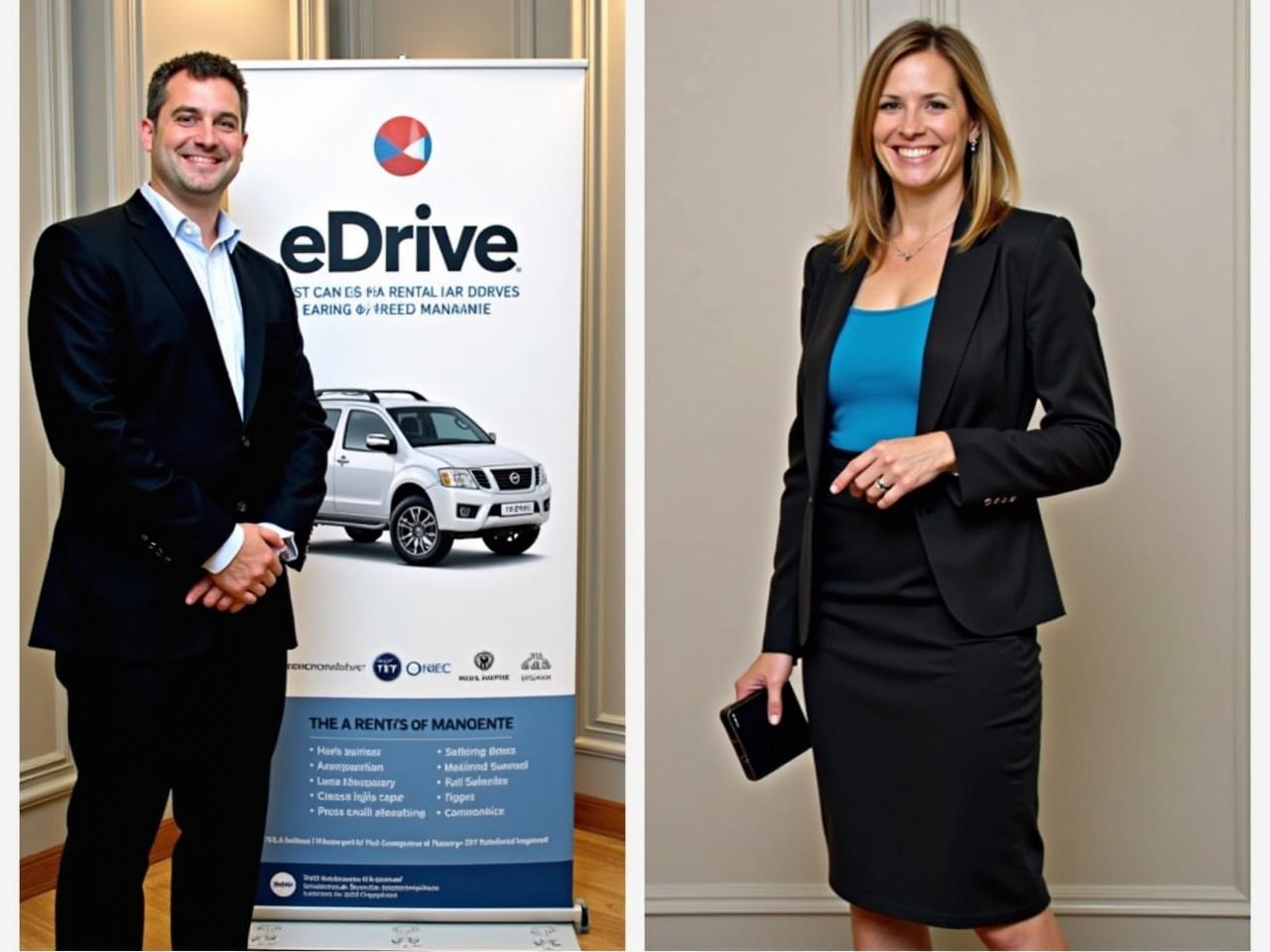 This image features two individuals dressed in business attire. On the left, a man stands in front of a promotional display for a service called 'eDrive,' which pertains to car rental and fleet management. He wears a dark suit and has a friendly smile. On the right, a woman stands confidently, also in a business suit, holding a device in one hand and appearing engaged with her surroundings. Both subjects represent a professional atmosphere, likely at an event or conference.