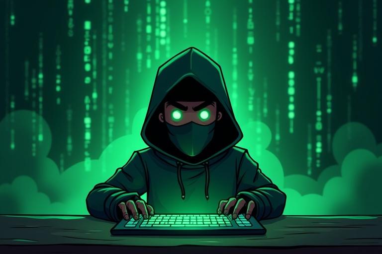 Design 16:9 cartoon-style YouTube thumbnail. Ninja coder in dark background with glowing green matrix code streams. Glowing eyes and illuminated keyboard visible. High-tech hacker lair atmosphere. Text 'Code in Stealth Mode!' in glowing neon line.