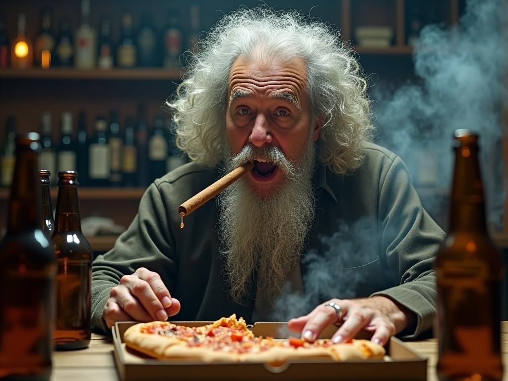 This image depicts a man with long curly hair and a bushy beard, joyfully indulging in a pizza. He has a cigar in his mouth, giving a carefree vibe. Surrounding him are several beer bottles, enhancing the laid-back atmosphere. Smoke emerges from the cigar, contributing to the relaxed setting. The warm lighting adds to the cozy and inviting feel of the scene. This image captures a moment of leisure and enjoyment, making it relatable for many.