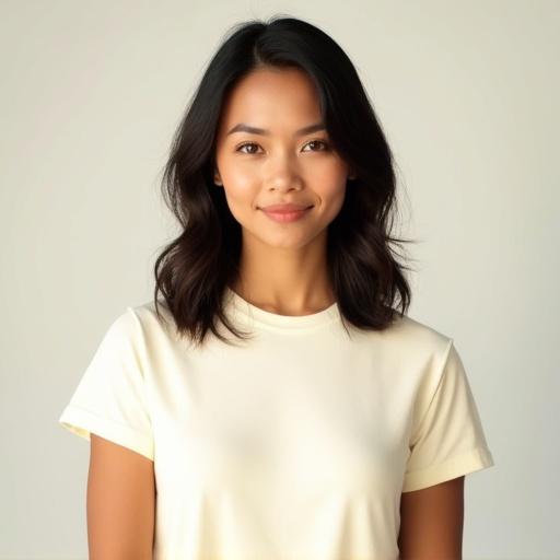 High resolution photorealistic portrait of a Latina woman. Medium-length hair styled simply. Plain cream-colored T-shirt with short sleeves. Framed from head to just below the chest. Subject is centered in the image. Full frontal view. No visible tattoos or markings. Neutral expression with natural skin texture. Warm medium tan complexion. Full lips and prominent cheekbones. Almond-shaped eyes with dark lashes. Feminine oval face shape. Well-lit with soft even lighting against a solid background. Sharp details and minimalistic clean composition.