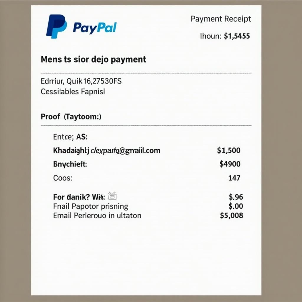 This image shows a PayPal payment receipt with details of a transaction. The receipt indicates a payment of $1,545. It includes an email address relevant to the payment. The PayPal logo is prominent at the top. Details include amounts and a proof of payment section. It serves as an important document for financial records.