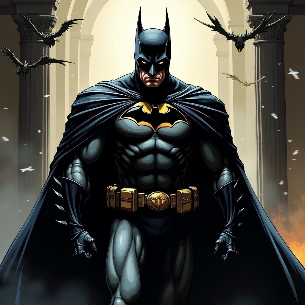 Batman stands proudly among striking gothic arches with bats flying around. The night sky blends with the dramatic setting. His armor and cape reveal impressive details. The atmosphere is dark and intense as Batman prepares for action.