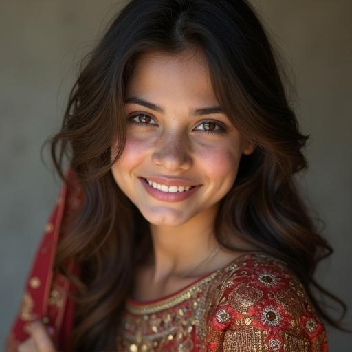 19 years old girl in traditional Pakistani attire smiling. Close-up portrait showcasing natural beauty in soft light.