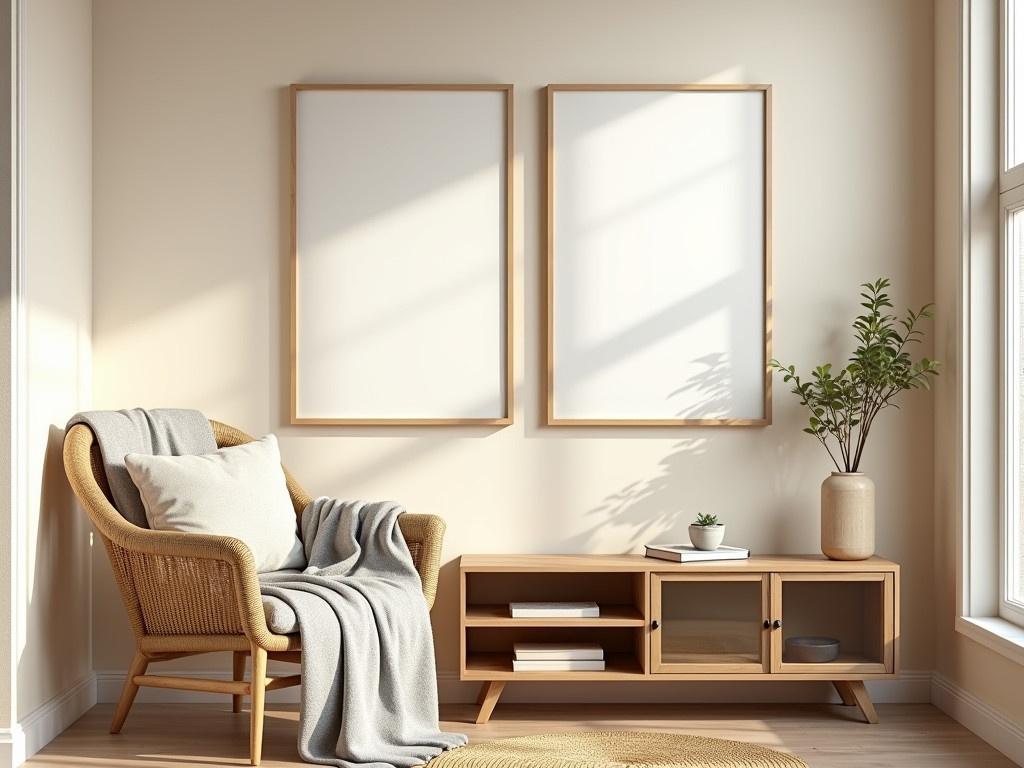 The image depicts a cozy and stylish room filled with natural light. Two empty frames are hanging on a soft, beige wall, suggesting a minimalist decor style. In the foreground, there is a comfortable, woven armchair with a light gray throw blanket draped over it. A low wooden cabinet with transparent doors is positioned below the frames, featuring some decorative items like books and plants. Plush cushions and a round jute rug add to the warm atmosphere of the room, creating a perfect space for relaxation and inspiration.