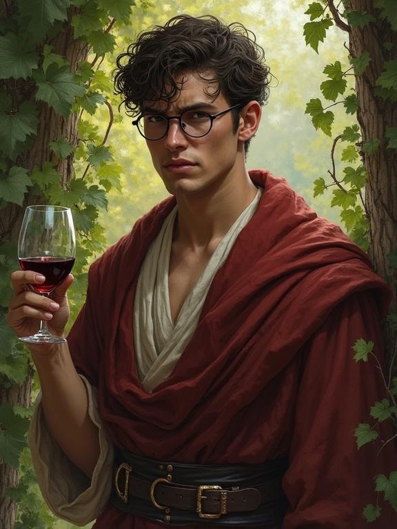 A young man in his early 20s with round glasses. He wears robes and appears worried and pensive. The scene is set outdoors surrounded by lush vines. He holds a glass of wine, portraying a fantasy theme.