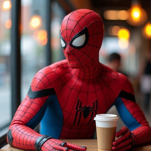 Spiderman in full costume enjoying coffee in a cafe setting. Cozy environment with warm lighting. Focus on character's interaction with coffee.