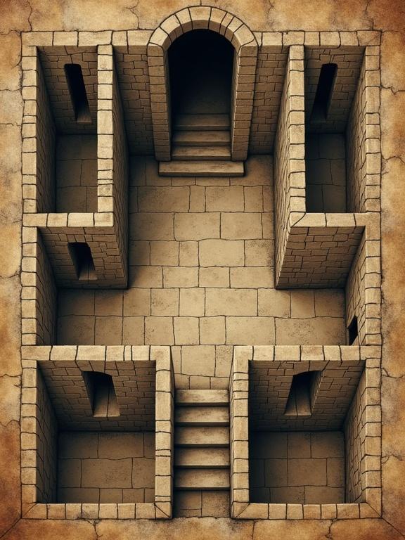 Detailed dungeon map illustration on aged paper. Features a main entrance and staircases connecting two levels with multiple rooms.