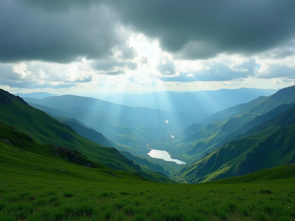 The image depicts a vast mountain landscape under a dramatic sky. Lush, green hills cover the foreground, creating a vibrant and lively scene. In the background, layers of mountains stretch far into the distance, showcasing varying shades of green. Sunlight breaks through the dark clouds, casting rays that illuminate parts of the landscape and give a sense of depth. A tranquil body of water can be spotted nestled among the hills, reflecting the blue of the sky above. The overall atmosphere feels serene and picturesque, inviting one to ponder the beauty of nature.