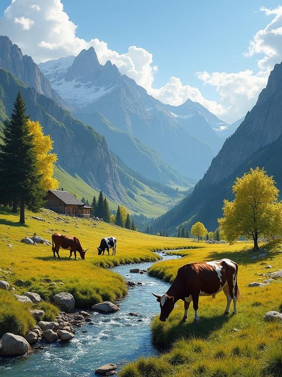 A serene mountain valley scene with cows grazing by a clear stream. Bright colors capture the beauty of nature in spring or summer. Majestic mountains form a backdrop with a bright blue sky and soft clouds. The atmosphere evokes calmness and harmony with rural charm.
