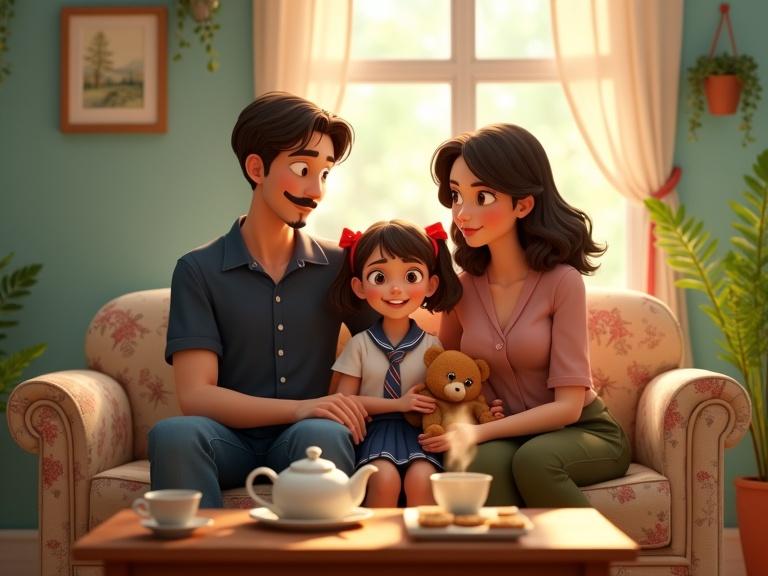 Close-up of a young girl with fair skin and pigtails tied with red ribbons sitting between her parents on a floral sofa. The father with dark hair and a mustache in a blue shirt. The mother with wavy dark hair in a rose wrap top. The living room has blue walls, nature paintings, and sunlight coming through curtains. A coffee table with tea and cookies in front. The girl smiles holding a teddy bear, and the parents show affection.